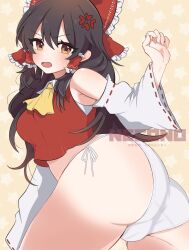 anger_vein ascot ass ass_focus bow detached_sleeves frilled_bow frilled_hair_tubes frills hair_between_eyes hair_bow hair_tubes hakurei_reimu highres looking_at_viewer looking_back necono_(nyu6poko) no_pants panties red_bow ribbon-trimmed_sleeves ribbon_trim side-tie_panties touhou underwear white_panties yellow_ascot yellow_eyes