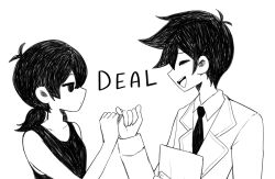 1boy 1girl ahoge aliceyawnin black_eyes black_hair black_shirt closed_eyes closed_mouth collarbone collared_shirt english_text expressionless formal_clothes from_side genderswap genderswap_(mtf) hero_(omori) highres holding holding_paper looking_at_another low_twintails mob_face monochrome omocat_(style) omori omori_(omori) open_mouth paper pinky_swear shirt short_hair short_twintails simple_background sleeveless sleeveless_shirt smile suit teeth twintails upper_teeth_only white_background