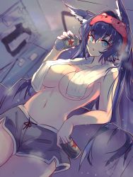 1girl animal_ears arknights beer_can blaze_(arknights) blue_eyes blue_hair breasts can cat_ears cat_girl drink_can foam_mustache highres kurarome large_breasts long_hair navel short_shorts shorts topless_female towel