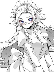 Rule 34 | 1girl, aotsuki eito, apron, blue eyes, blush, closed mouth, eyebrows, female focus, genderswap, genderswap (mtf), heart, heart-shaped pupils, highres, looking at viewer, maid, maid apron, maid headdress, simple background, solo, solo focus, symbol-shaped pupils, the hundred line -last defense academy-, white background