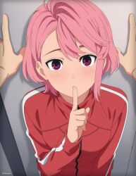 1girl 1other absurdres against_wall blush commentary_request dandadan finger_to_mouth hand_up highres jacket kabedon long_sleeves looking_at_viewer paid_reward_available pink_eyes pink_hair pov pov_hands red_jacket rikka_(rikkaarts) shiratori_aira_(dandadan) short_hair shushing standing track_jacket upper_body variant_set