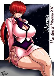 1girl breasts cleavage cleavage_cutout clothing_cutout curvy dress female_focus fishnets highres huge_breasts jacket large_breasts long_hair pale_skin ponytail red_hair rodriguesd-marcelo shermie_(kof) shiny_skin sitting skirt the_king_of_fighters thick_thighs thighs twintails wide_hips