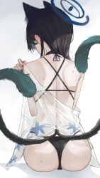absurdres animal_ears ass bikini black_bikini black_tail blue_archive blue_halo blue_tail cat_ears cat_girl cat_tail commentary_request from_behind gradient_tail halo highres kikyou_(blue_archive) kikyou_(swimsuit)_(blue_archive) lunel multiple_tails swimsuit tail two_tails