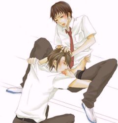 00s 2boys blush cum closed_eyes fellatio grabbing_another&#039;s_hair koizumi_itsuki kyon male_focus multiple_boys necktie oral saliva school_uniform spread_legs suzumiya_haruhi_no_yuuutsu sweat unzipped yaoi