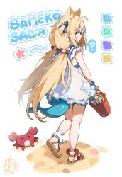 1girl :o ? ahoge animal animal_ear_fluff animal_ears bare_arms blonde_hair blue_eyes blue_hair blue_neckerchief blush bracelet bucket cat_ears character_name colored_speech_bubble commentary crab dress fins fish_girl fish_tail frilled_dress frills from_behind full_body hair_ornament hair_ribbon highres holding holding_bucket indie_virtual_youtuber jewelry lifebuoy_hair_ornament long_hair looking_at_viewer looking_back low_twintails multicolored_hair neckerchief open_mouth ribbon sailor_collar sailor_dress sameko_saba sand sandals seashell shark_girl shark_tail shell sideways_glance sleeveless sleeveless_dress solo speech_bubble spoken_question_mark standing standing_on_one_leg starfish streaked_hair tail tenchi_mayo turning_head twintails two-tone_hair two_side_up very_long_hair virtual_youtuber watermark white_background white_dress