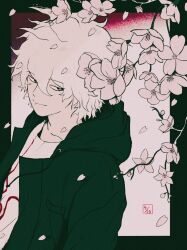 1boy black_border border cherry_blossoms danganronpa_(series) danganronpa_2:_goodbye_despair falling_petals flower green_jacket grey_eyes highres hood hood_down jacket komaeda_nagito looking_at_viewer male_focus open_clothes open_jacket outside_border petals pink_background pink_flower pink_hair short_hair solo upper_body uri_ka55 wind