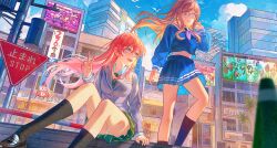 2girls absurdres bang_dream! bang_dream!_it&#039;s_mygo!!!!! black_socks blazer blue_eyes blue_serafuku blue_skirt brown_hair brown_shoes building cang_(akaga204) chihaya_anon chinese_commentary cityscape closed_mouth collared_shirt commentary_request cropped_shirt english_text floating_hair food_print fruit_print green_necktie green_skirt green_socks grey_jacket hair_between_eyes hand_up haneoka_school_uniform highres jacket kneehighs loafers long_hair long_sleeves midriff multiple_girls nagasaki_soyo necktie on_ground open_mouth outdoors panties pantyshot pink_hair plaid_clothes plaid_skirt pleated_skirt print_panties purple_sailor_collar road_sign sailor_collar school_uniform serafuku shirt shoes sidelocks sign sitting skirt socks stop_sign strawberry_panties strawberry_print teeth traffic_cone tsukinomori_school_uniform underwear utility_pole v white_sailor_collar white_shirt
