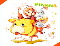 &gt;_&lt; 1girl :o animal_collar animal_ears backpack bag black_eyes blue_eyes blue_skin buttons clenched_hand clinging collar colored_skin commentary_request copyright_name dog dog_ears dog_tail eyelashes floppy_ears flower gloves grass helmet ice ice_pikmin jumpsuit leaf light_blush looking_at_another looking_at_viewer lying nintendo no_mouth oatchi_(pikmin) on_stomach outstretched_hand parted_lips petals pikmin_(creature) pikmin_(series) pikmin_4 pointy_ears pointy_nose radio_antenna reaching red_bag red_collar red_hair red_jumpsuit red_light red_pikmin red_skin rescue_officer_(pikmin) riding riding_animal shirushiki shoes short_hair space_helmet spacesuit sparkle tail tongue triangle whistle white_background white_footwear white_gloves yellow_flower yellow_fur