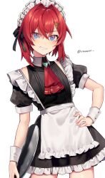 1girl alternate_costume ange_katrina apron aqua_gemstone ascot black_bow black_dress blue_eyes blush bow clothing_cutout collared_dress commentary_request contrapposto cowboy_shot crossed_bangs dress enmaided flat_chest frilled_apron frilled_dress frills gem gradient_eyes grin hair_between_eyes hair_bow hair_ornament hand_on_own_hip highres holding holding_tray looking_at_viewer maid maid_headdress multicolored_eyes nijisanji puffy_short_sleeves puffy_sleeves purple_eyes red_ascot red_hair short_dress short_hair short_sleeves shoulder_cutout simple_background smile smirk solo tray triangle_hair_ornament twitter_username usushio virtual_youtuber waist_apron white_apron white_background white_headdress white_wrist_cuffs wrist_cuffs
