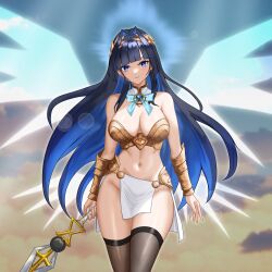 1girl absurdres adapted_costume alternate_costume armor blue_eyes blue_hair breasts cleavage cloudrain_demon gauntlets gold_armor heart-shaped_gem highres holding hololive hololive_english jewelry large_breasts loincloth long_hair looking_at_viewer ouro_kronii pelvic_curtain polearm solo sword thighhighs valkyrie virtual_youtuber weapon wings
