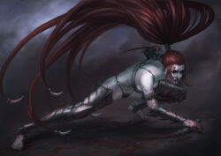 1girl abs armlet armor barefoot bikini blood blood_on_clothes blood_on_face blood_on_feet blood_on_hands blood_splatter bloody_weapon blue_eyes blue_lips breasts captdiablo cleavage commentary dark dark_eldar dark_elf elf english_commentary eye_tattoo full_body helmet highres holding holding_polearm holding_weapon hot jewelry lelith_hesperax light_smile lips long_hair pale_skin pauldrons pointy_ears polearm ponytail red_hair shoulder_armor sidelocks single_pauldron smile smirk solo spear spiked_armor spiked_legwear squatting swimsuit thighhighs toe_ring vambraces very_long_hair warhammer_40k weapon