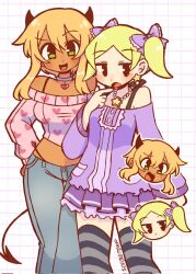 2girls bare_shoulders black_eyes blonde_hair blush breasts chibi choker corrupted_twitter_file crop_top dark-skinned_female dark_skin demon_girl demon_horns demon_tail denim earrings green_eyes hand_on_own_hip heart heart_choker highres horns jeans jewelry long_hair long_sleeves looking_at_viewer medium_breasts multiple_girls necklace open_mouth original pants short_twintails small_breasts smile sofo_soup star_(symbol) star_earrings star_necklace tail twintails