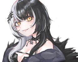 1girl black_choker black_dress black_hair breasts choker cleavage coat dadulian dress fur-trimmed_coat fur_trim grey_hair hololive hololive_english large_breasts long_hair multicolored_hair parted_lips shiori_novella shiori_novella_(1st_costume) simple_background solo split-color_hair two-tone_hair virtual_youtuber white_background yellow_eyes