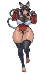 Rule 34 | 1girl, absurdres, alternate breast size, animal ear fluff, animal ears, barcode, barcode tattoo, bare shoulders, bell, black gloves, black hair, black tail, black thighhighs, breasts, bridal gauntlets, cable, cable tail, cat ears, cat girl, cat tail, corset, covered navel, dark-skinned female, dark skin, detached sleeves, facial mark, forehead mark, forehead tattoo, full body, gloves, grin, hair ribbon, hairband, highres, large breasts, long hair, long sleeves, looking at viewer, mechanical tail, mold (pixiv6616319), multiple tails, neck bell, nekomiya mana, red corset, red eyes, red hairband, red ribbon, red sleeves, ribbon, simple background, skindentation, smile, solo, standing, standing on one leg, tail, tattoo, thick thighs, thighhighs, thighs, toeless legwear, two tails, white background, zenless zone zero