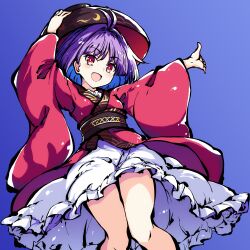 1girl absurdres bowl bowl_hat hat highres japanese_clothes kimono open_mouth pioartstuff purple_background purple_hair red_eyes red_kimono simple_background skirt smile solo sukuna_shinmyoumaru thighs touhou white_skirt