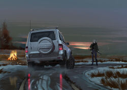 1girl absurdres black_jacket black_pants bonfire car cloud evening fire full_body gun highres jacket motor_vehicle original outdoors pants rifle solo spare_tire sports_utility_vehicle standing uaz_patriot unused_tire vehicle_focus water weapon white_hair yukikaze_supersylph