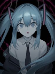 Rule 34 | 1girl, @ @, absurdres, bags under eyes, blue hair, chestnut mouth, collared shirt, empty eyes, hair intakes, hair ornament, hatsune miku, highres, jacket, kkamkkam, long hair, looking up, necktie, off shoulder, open mouth, ringed eyes, shirt, solo, tie clip, twintails, vocaloid