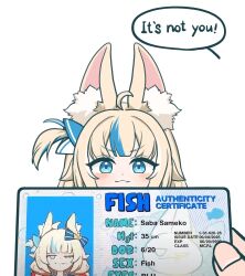 1girl 1other :3 ahoge animal_ears blonde_hair blue_eyes blue_hair cat_ears ddas_di highres holding_id_card indie_virtual_youtuber long_hair looking_at_viewer low_twintails multicolored_hair one_side_up sameko_saba smile solo streaked_hair twintails very_long_hair virtual_youtuber