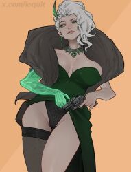 Rule 34 | 1girl, breasts, clothes lift, deadlock (game), dress, dress lift, fishnet thighhighs, fishnets, green dress, green eyes, gun, handgun, highres, jewelry, lady geist (deadlock), large breasts, lips, loqu1t, medium hair, panties, revolver, simple background, single thighhigh, thighhighs, underwear, weapon, white hair