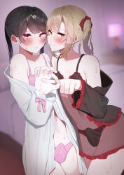 Rule 34 | 2boys, absurdres, bed, bedroom, black bra, black hair, black panties, blonde hair, blurry, blurry background, blush, bra, bulge, closed mouth, crossdressing, crossdressing (mtf), erection, erection under clothes, hair ornament, hair scrunchie, highres, indoors, kosyokoru, looking at viewer, multiple boys, one side up, open clothes, open shirt, original, panties, pink bra, pink eyes, pink panties, red eyes, red scrunchie, scrunchie, shirt, smile, sweat, trap, twintails, underwear, white shirt