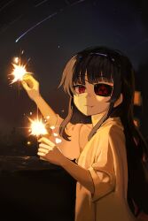 1girl :3 absurdres arm_up black_hair blunt_bangs closed_mouth comet commentary dot_nose english_commentary eyebrows_hidden_by_hair eyepatch eyeshadow fang fang_out fireworks from_side highres holding holding_fireworks hood hoodie light_blush long_eyelashes long_hair long_sidelocks looking_at_viewer looking_to_the_side makeup mirai_(senran_kagura) mitsudomoe_(shape) night night_sky one_eye_covered print_eyepatch red_eyes senran_kagura sidelocks sky slit_pupils smile solo sparkler sparks star_(sky) starry_sky subu_art thick_eyelashes tomoe_(symbol) tsurime upper_body very_long_hair white_hoodie wide_sleeves