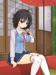 1girl ahoge arm_at_side black_hair black_skirt blue_vest blush breasts buttons closed_mouth collared_shirt commentary_request cup day double-breasted drinking drinking_straw feet_out_of_frame green_eyes hair_between_eyes hair_bun hair_ornament hair_stick half_updo hand_up happy hitachi_mako holding holding_cup impossible_clothes kanzashi knees_together_feet_apart large_breasts long_sleeves looking_at_viewer medium_hair miniskirt necktie official_alternate_costume official_alternate_hairstyle oil-paper_umbrella one_side_up outdoors pleated_skirt red_necktie senren_banka shirayamakoma shirt single_side_bun sitting skirt smile solo split_mouth straight_hair thigh_strap thighhighs umbrella variant_set vest white_shirt white_thighhighs zettai_ryouiki