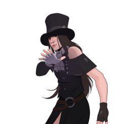 1other androgynous ascot asymmetrical_gloves asymmetrical_sleeves bare_shoulders black_gloves black_hat brown_hair fingerless_gloves gloves guilty_gear guilty_gear_strive hat highres jamiroquai long_hair looking_at_viewer other_focus parody red_eyes testament_(guilty_gear) top_hat white_ascot white_gloves xenosweater