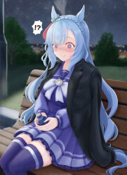 !? 1girl @_@ animal_ears bench blue_hair blush bow bowtie braid breasts can crown_braid from_side highres holding holding_can horse_ears horse_girl horse_tail ichimai_(apieceof_ray151) jacket jacket_on_shoulders large_breasts long_hair long_sleeves looking_at_viewer mejiro_ardan_(umamusume) night pleated_skirt purple_eyes purple_serafuku purple_shirt purple_skirt purple_thighhighs sailor_collar sailor_shirt school_uniform serafuku shirt sitting skirt smile solo spoken_interrobang tail thighhighs tracen_school_uniform umamusume white_bow white_bowtie
