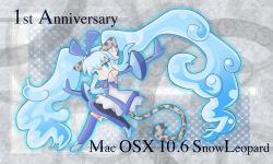 1girl animal_ears blue_eyes blue_hair boots chibi chibi_only commentary_request dress hair_ribbon jitome long_hair looking_at_viewer original os-tan personification ribbon sato_(esuplusesu) sidelocks snow_leopard-tan snow_leopard_ears snow_leopard_girl snow_leopard_tail solo twintails very_long_hair white_dress