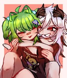 2girls ahoge antennae bandaid bandaid_on_face bandaid_on_nose black_shirt closed_eyes ferumi_kaipa green_hair highres hug hug_from_behind indie_virtual_youtuber multiple_girls nemo_nevermore open_mouth red_eyes shirt simple_background smile sxxlvm t-shirt two_side_up white_hair