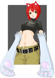 1girl animal_ears animal_hands belt female_focus groin highres hyakute_gyojin kaibutsu_oujo looking_at_viewer midriff navel open_mouth orange_eyes red_hair riza_wildman short_hair solo wolf_ears