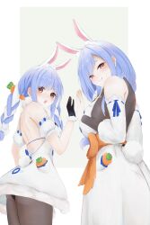 2girls absurdres animal_ears backless_dress backless_outfit black_bodysuit black_gloves black_leotard black_pantyhose blue_hair blush bodysuit braid breasts carrot_in_pocket closed_mouth don-chan_(usada_pekora) dress fang fur-trimmed_dress fur-trimmed_gloves fur_trim gloves highres hololive jewelry large_breasts leotard leotard_under_clothes long_hair looking_at_viewer mature_female mother_and_daughter multicolored_hair multiple_girls open_mouth pantyhose pekomama rabbit-shaped_pupils rabbit_ears rabbit_girl red_eyes ring sideboob skin_fang small_breasts strapless strapless_leotard symbol-shaped_pupils tongue tongue_out twin_braids two-tone_hair usada_pekora usada_pekora_(1st_costume) user_hmwt4224 virtual_youtuber white_background white_dress white_hair