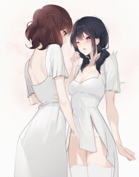 Rule 34 | 2girls, ;o, black hair, blush, breasts, brown eyes, brown hair, cleavage, dress, hibike! euphonium, highres, implied fingering, kousaka reina, lie lack1080, low twintails, medium breasts, multiple girls, one eye closed, oumae kumiko, panties, purple eyes, short sleeves, simple background, small breasts, standing, thighhighs, twintails, underwear, white background, white dress, white panties, white thighhighs, yuri