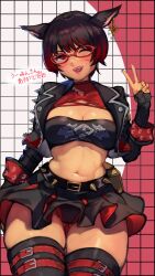 Rule 34 | 1girl, ;d, animal ears, belt, black belt, black hair, black jacket, black skirt, black thighhighs, breasts, burnice white, burnice white (cosplay), character request, cleavage, commentary request, commission, copyright request, cosplay, crop top, earrings, glasses, gluteal fold, grid background, hand up, highres, jacket, jewelry, long sleeves, looking at viewer, medium breasts, midriff, miniskirt, mole, mole on stomach, multicolored hair, navel, one eye closed, open clothes, open jacket, open mouth, r123, red-framed eyewear, red background, red belt, red eyes, red hair, short hair, skeb commission, skirt, smile, solo, spiked belt, spiked jacket, spiked sleeves, stomach, streaked hair, teeth, thigh belt, thigh strap, thighhighs, translation request, two-tone background, two-tone hair, upper teeth only, v, white background, zenless zone zero