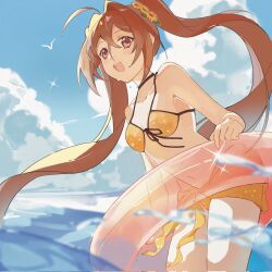 1girl ahoge bikini bird blue_sky breasts brown_eyes brown_hair cleavage cloud cowboy_shot crossed_bangs eiyuu_densetsu estelle_bright floating_hair front-tie_bikini_bottom front-tie_bikini_top front-tie_top hair_between_eyes hair_intakes highres holding holding_swim_ring innertube long_hair ocean open_mouth outdoors s071c4evkc56194 sky small_breasts smile solo sora_no_kiseki swim_ring swimsuit upper_body very_long_hair