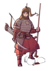 1girl 1other absurdres ancient_mongolian_armor armor arrow_(projectile) blood bow_(weapon) brown_eyes death dress full_body helmet highres holding holding_sword holding_weapon knife lamellar_armor looking_at_viewer original polearm red_dress serious shoulder_armor solo spear sunnybunnybeach sword warrior weapon white_background