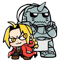 2boys :3 ahoge alchemy alphonse_elric armor bkub black_pants blonde_hair braid braided_ponytail brothers chibi chibi_only coat edward_elric full_armor fullmetal_alchemist gloves hands_on_own_chest jacket living_armor long_hair male_focus multiple_boys pants pauldrons ponytail red_coat shirt shoulder_armor siblings simple_background smile spiked_helmet spiked_pauldrons v-shaped_eyebrows white_background yellow_eyes