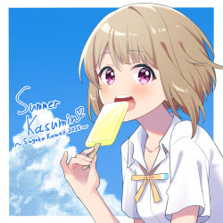 Rule 34 | 1girl, blue background, blush, border, brown hair, collared shirt, food, highres, holding, holding food, holding popsicle, looking at viewer, love live!, love live! nijigasaki high school idol club, nakasu kasumi, neck ribbon, nijigasaki school uniform, open mouth, outside border, popsicle, ribbon, school uniform, shirt, short hair, short sleeves, solo, teeth, upper teeth only, white border, white shirt, yatogame765
