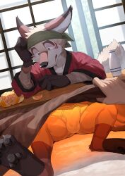 1boy absurdres agitong amorey_(another_eidos) animal_ears another_eidos-r barefoot bottle bulge claws commentary_request fang food fruit furry furry_male green_headband headband highres kobold kotatsu looking_down male_focus male_underwear open_mouth orange_(fruit) orange_peel pawpads pov sake_bottle shouji sliding_doors table tail underwear white_male_underwear