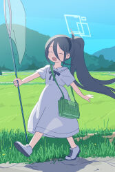 1girl absurdres alternate_costume aris_(blue_archive) bag black_hair blue_archive blue_halo butterfly_net closed_eyes commentary day dress english_commentary full_body grass halo hand_net headband highres long_hair open_mouth outdoors ponytail shimotsu. shoes short_sleeves shoulder_bag sky smile solo sundress very_long_hair white_shoes