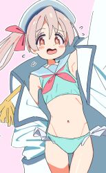 1girl aqua_bikini arm_up armpits bikini blue_sailor_collar blush_stickers brown_eyes coat commentary cowboy_shot epaulettes flat_chest flying_sweatdrops frilled_bikini frills grey_hair hair_between_eyes hair_ribbon hat looking_at_viewer multicolored_hair navel noyama_takenoko off_shoulder official_alternate_costume onii-chan_wa_oshimai! open_clothes open_coat open_mouth outline oyama_mahiro pink_background pink_hair red_ribbon ribbon sailor_bikini sailor_collar simple_background solo stomach swimsuit thigh_gap twintails two-tone_hair wavy_mouth white_coat white_hat white_outline