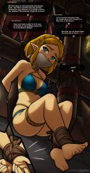 Rule 34 | 1girl, absurdres, bare shoulders, barefoot, bdsm, blonde hair, blue eyes, bondage, bound, bound ankles, bound wrists, bra, breasts, cleavage, cloth gag, collarbone, gag, gagged, hair ornament, hairclip, highres, improvised gag, kidnapped, legs, magnolia-baillon, nintendo, cloth gag, panties, princess zelda, sweat, the legend of zelda, the legend of zelda: tears of the kingdom, thighs, underwear