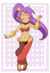 1girl arabian_clothes bandeau belly_dancing big_hair bracer chocomiru dancer dark_skin earrings harem_pants hoop_earrings jewelry o-ring o-ring_top pants pointy_ears pointy_footwear shantae shantae_(series) solo tiara
