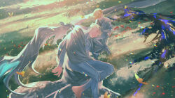 Rule 34 | 2boys, absurdres, age difference, bare pectorals, barefoot, blanket, blonde hair, brothers, closed mouth, foot out of frame, full-body tattoo, grass, highres, lying, male focus, millions knives, multiple boys, nicholas d. wolfwood, on side, oversized wings, pectorals, siblings, tattoo, trigun, trigun stampede, wings, yakikesen