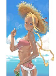 Rule 34 | 1girl, beach, belt, bikini, blonde hair, blue eyes, blue sky, blush, braid, cammy white, can, commentary request, cowboy shot, dog tags, facial scar, food, from side, hat, highres, holding, holding can, holding food, holding popsicle, looking at viewer, pink bikini, popsicle, santon no omomi, scar, scar on cheek, scar on face, sky, strapless, strapless bikini, straw hat, street fighter, street fighter 6, swimsuit, tan, tanline, twin braids, white belt