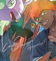 1boy blue_eyes dark-skinned_male dark_skin drawstring earrings fang gen_5_pokemon gen_6_pokemon gigalith goodra green_eyes headband highres jewelry looking_at_viewer male_focus nintendo open_mouth orange_headband otona_kasuke pokemon pokemon_(creature) pokemon_swsh raihan_(pokemon) sideburns signature teeth watermark