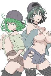 2girls baseball_cap black_choker black_thighhighs breasts brown_shoes choker commentary english_commentary fishnet_thighhighs fishnets fubuki_(one-punch_man) green_hair green_jacket grey_jacket grey_shorts hand_on_own_chest hat highres jacket large_breasts multiple_girls navel nipples one-punch_man shoes short_hair shorts siblings simple_background sisters small_breasts stomach tatsumaki thighhighs thighs white_background windriftdraws