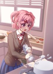 1girl :d baking blazer blue_skirt bob_cut bow bowl bowtie breasts brown_jacket brown_sweater_vest cake chocolate_icing collared_shirt commentary counter cowboy_shot doki_doki_literature_club dress_shirt egg fang food fruit glass_bowl hair_ornament hair_ribbon highres holding holding_pastry_bag icing indoors jacket kitchen looking_at_object messy mutchang043 natsuki_(doki_doki_literature_club) neck_ribbon open_mouth oven pastry_bag pink_eyes pink_hair pleated_skirt red_bow red_bowtie red_ribbon ribbon rolling_pin school_uniform shirt short_hair skirt small_breasts smile solo splashing strawberry sweatdrop sweater_vest two_side_up white_shirt window window_blinds x_hair_ornament