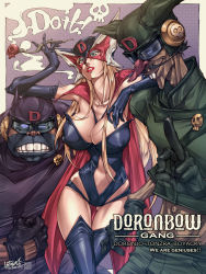 1girl 2boys blonde_hair boyakki breasts cape cleavage doronjo highres mask multiple_boys smoking_pipe red_cape smoke smoking tonzura unbalance yatterman