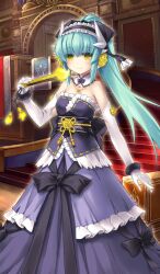 Rule 34 | 1girl, aqua hair, arm at side, armpit crease, back bow, bangle, bare shoulders, black (artist), black bow, black hairband, black sash, bow, bracelet, breasts, collar, commentary, dragon horns, dress, dress bow, elbow gloves, fate/grand order, fate (series), feet out of frame, flower, flower request, folded fan, folding fan, formal clothes, frilled dress, frilled hairband, frills, gloves, gold necklace, hair bow, hairband, hand fan, high ponytail, holding, holding fan, horns, indoors, jewelry, kiyohime (fate), kiyohime (formal dress) (fate), layered dress, light particles, light rays, light smile, long dress, long hair, medium breasts, necklace, official art, ponytail, purple dress, sash, sidelocks, solo, stairs, standing, strapless, strapless dress, third-party source, very long hair, waist bow, white collar, white gloves, white hairband, white horns, yellow flower